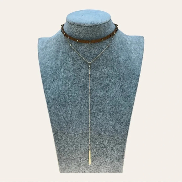 REVOLVE X ETK BY ETTIKA CHOKER NECKLACE FAUX SUEDE WITH STUDS/GOLD ACCENT DANGLE - Picture 9 of 13